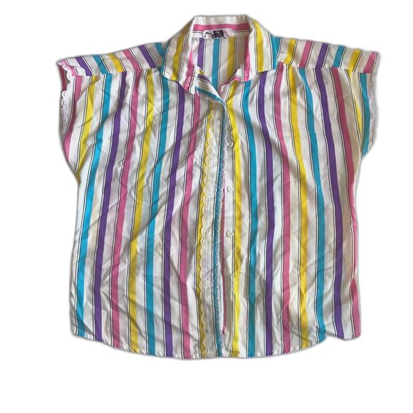 Vintage Rainbow Striped button down blouse USA funky quirky 70s 80s Maximalist M - Picture 1 of 5